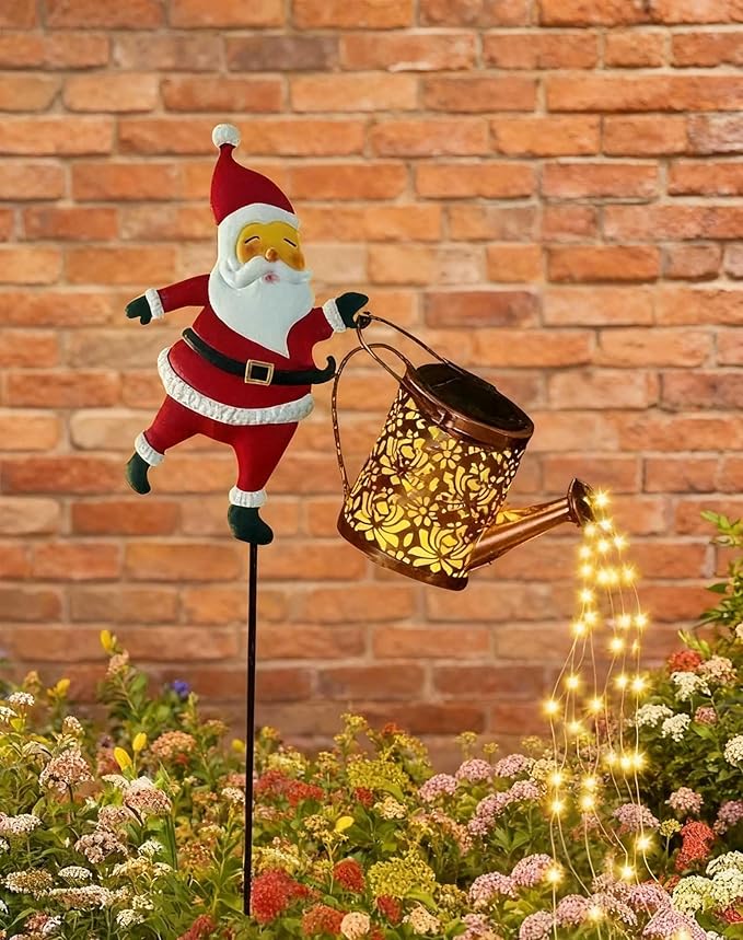 Christmas Santa Solar Kettle Lights Garden Lawn Decorative Lights, 2026 New Hanging Metal Solar Santa Claus Watering Can with LED Light for Pathway Patio(Warm White Lights)