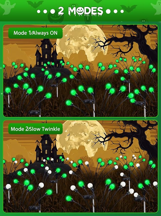 Albelt Halloween Decorations Outdoor, 6 Pack Solar Firefly Lights Outdoor, 48 LED Solar Halloween Lights, Waterproof Swaying Garden Light (Sway by Wind) for Outside Yard Patio Pathway Decor (Green)