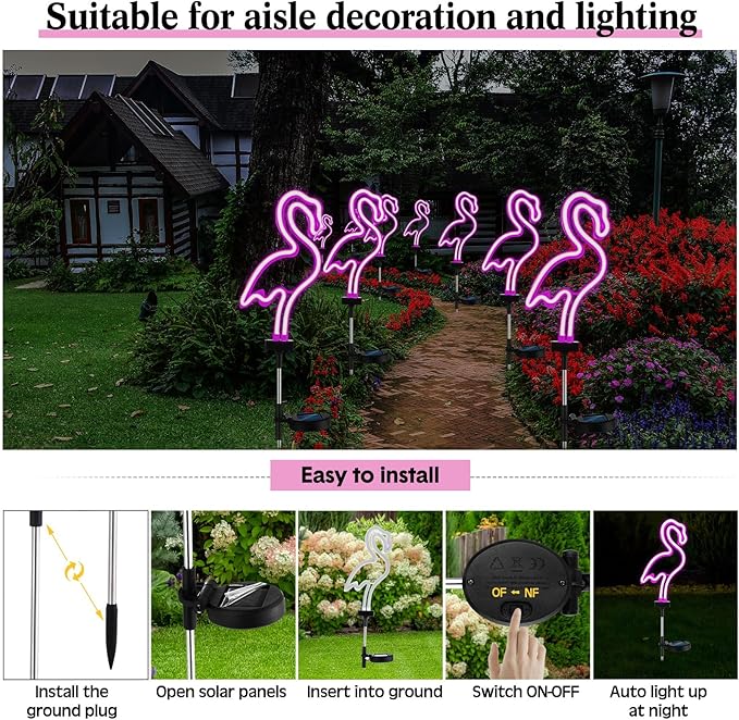 Retisee 6 Pcs Flamingo Solar Stake Lights Pink Flamingo Outdoor Lights Bulk Neon Lights Decoration LED Solar Powered Lighting for Lawn, Garden, Flower Bed, Yard, Pathway