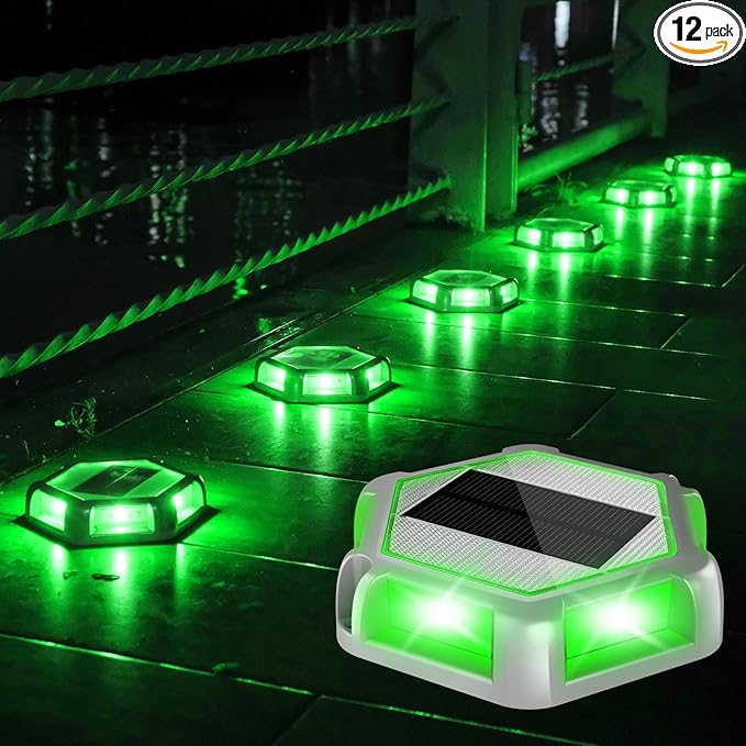 Green Solar Dock Lights Driveway Deck Lights - 12 Packs Waterproof Outdoor LED Aluminum Dock Lighting Warning Step | Lumora