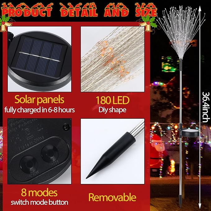4 Pack Valentines Day Solar Firework Lights 180 LED 8 Lighting Modes Waterproof Solar Lamps Decorative Garden Stake Lights for Valentines Wedding Party Pathway Patio Decor