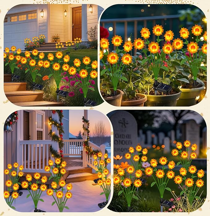 Solar Lights Outdoor Waterproof Sunflowers Garden Decor,4 Packs with 24 Sunflower lights,Birthday Gifts for Women Mom,Solar Flowers Decorative Lights for Outside Yard Lawn Patio Porch decorations