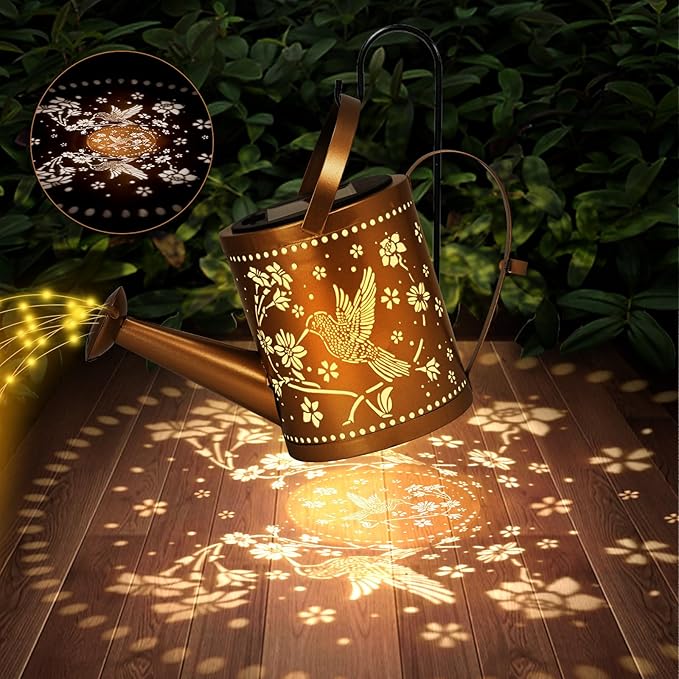 Hummingbird Outdoor Hanging Solar Lantern Waterproof Metal Openwork Hummingbird Watering Can Landscape Lights with | Lumora