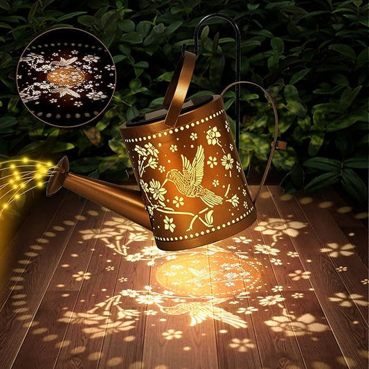 Hummingbird Outdoor Hanging Solar Lantern Waterproof Metal Openwork Hummingbird Watering Can Landscape Lights with Shepherd Hook for Porch Lawn Driveway Backyard Pathway Gifts for Women Mom Grandma