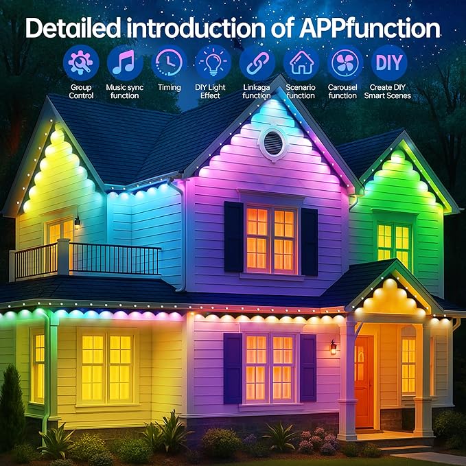 Permanent Outdoor Lights 350ft RGB+IC Outdoor String Lights App Control IP67 Waterproof,120 Scene Modes Decorations | Lumora