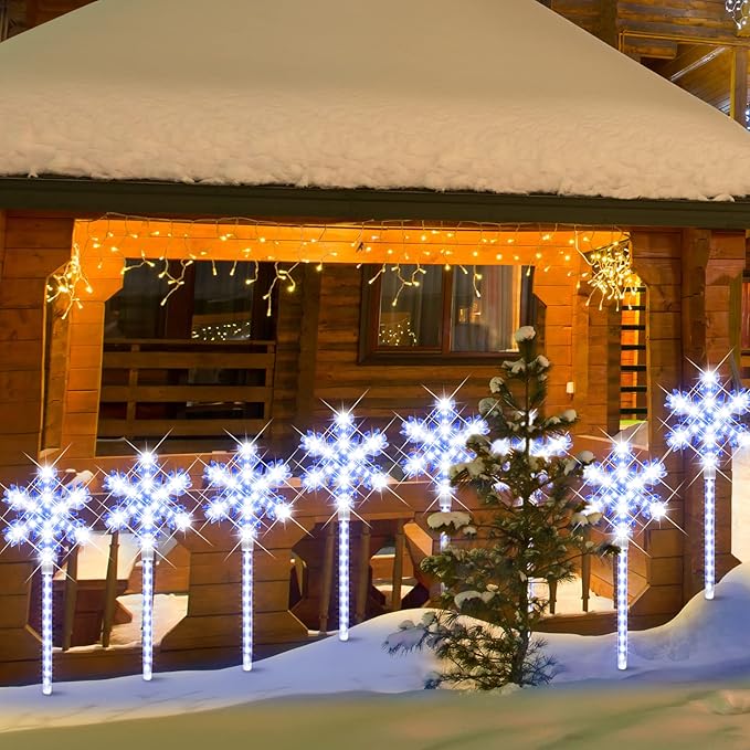 LAMPHOME Shooting 17" 568LED Snowflake Lawn Stake Light Super-Bright White and Blue 4 Stakes Total Christmas Outdoor Decoration with UL Standard Adaptor for Outdoor Pathway Lawn Holiday Party Home