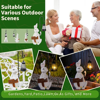 Rabbit Statues Solar Lantern Waterproof Light Resin Statue for Outside Balcony Garden Decor for Outside Gift for Grandma Women (Rabbit Lantern White)