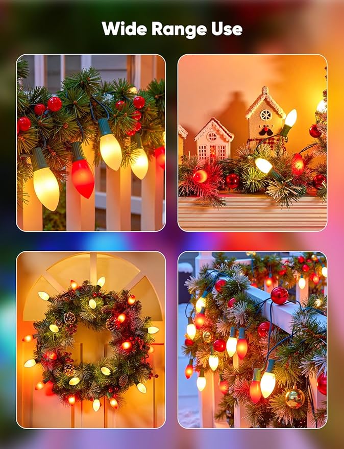 Vintage C9 LED Christmas Lights Outdoor, 100 Feet C9 String Lights with 100 Shatterproof Matte Bulbs, Connectable Waterproof Lights for Holiday Party Roofline Backyard Garden Patio, Red & Warm White