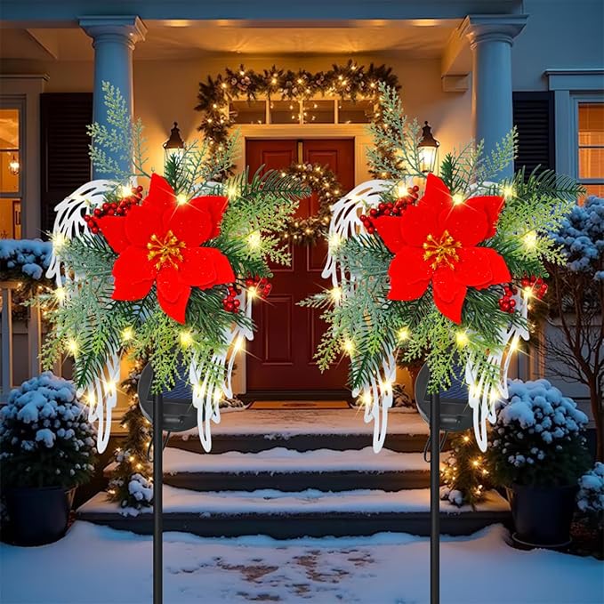 Solar Christmas Lights Outdoor Decorations, Angel Wings Garden Stake Lights Waterproof with Poinsettia Decor for Pathway, Patio, Yard, Lawn