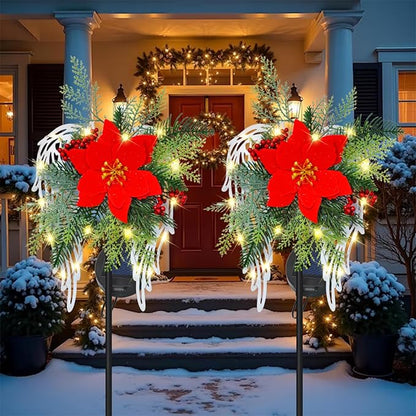 Solar Christmas Lights Outdoor Decorations, Angel Wings Garden Stake Lights Waterproof with Poinsettia Decor for Pathway, Patio, Yard, Lawn