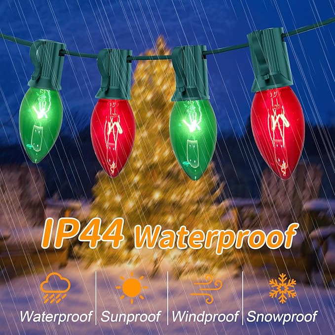 25FT C9 Red & Green Vintage Christmas Lights Outdoor, Waterproof Outdoor Hanging Xmas Lights with 26 Incandescent | Lumora