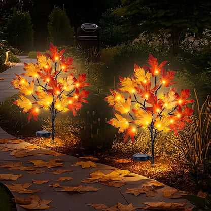 Fall Solar Pathway Lights 2PCS, Autumn Outdoor Harvest Decorations, Waterproof Maple Leaves Lights for Lawn Yard Garden Patio Walkway Driveway Porch Landscape Lighting Auto On/Off