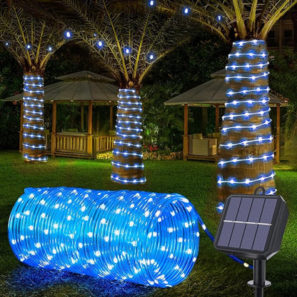 Solar Rope Lights, 33ft 100LED Solar String Lights, 8 Modes Waterproof Solar Powered Outdoor Light, Flexible Clear Tube Light for Garden Backyard Patio Deck Porch Pool Tree Christmas Decoration - Blue