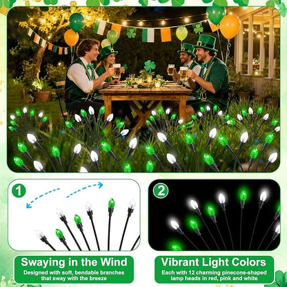4 Pcs St Patricks Day Outdoor Decorations Solar Lights Waterproof Green 48 LED Swaying Pathway Firefly Stake Lights for Outside Yard Garden Lawn Decorations(Green White,Pine Cone)