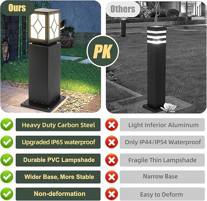 Landscape Path Lights 24" IP65 Waterproof Bollard Lights, Heavy Duty Steel Stable Widened Base E27 Lamp Holder, Modern Outdoor Path Lights Bollard for Lawn, Patio, Courtyard, Driveway, Lozenge 1pack
