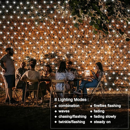 echosari Solar Powered Net Lights, 200 LED 9.8Ft x 6.6Ft Christmas Bush net Lights Dark Green Wire Auto On/Off 8 Modes Net Lights Outdoor Mesh Lights for Bushes Shrubs Lawn Decoration (Cool White)