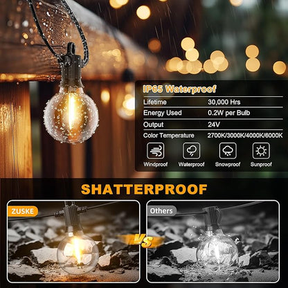 Outdoor String Lights, 50FT 4-Color LED Patio Lights with 25 Shatterproof G40 Globe Bulbs, Waterproof Hanging Lights for Outside, Backyard, Porch, Balcony, Gazebo, 2700K/3000K/4000K/6000K