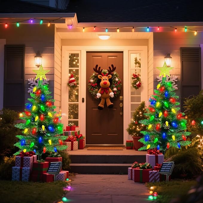 2-Pack 3.6FT Solar Christmas Tree Outdoor Christmas Decorations, 8 Modes Solar Xmas Tree Lights with 100 LED, Waterproof Solar Christmas Lights for Yard Front Porch Pathway Grave Cemetery Decor