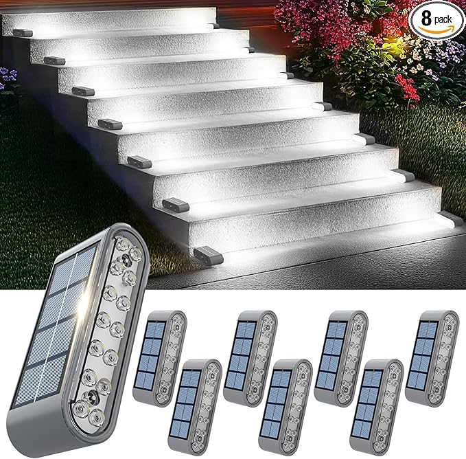 Solar Step Lights for Outside, 8-Pack Stair Light Outdoor Waterproof IP67, 14 LED Cool White Light Solar Powered | Lumora