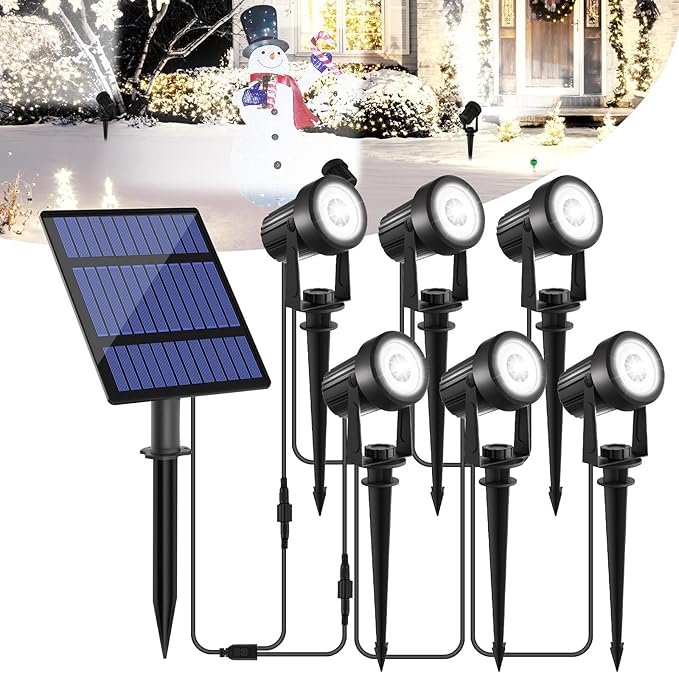 T-SUNUS Christmas Solar Garden Spotlight Outdoor 6-in-1 White Landscape Spot Lights IP65 Waterproof Separated Panel | Lumora