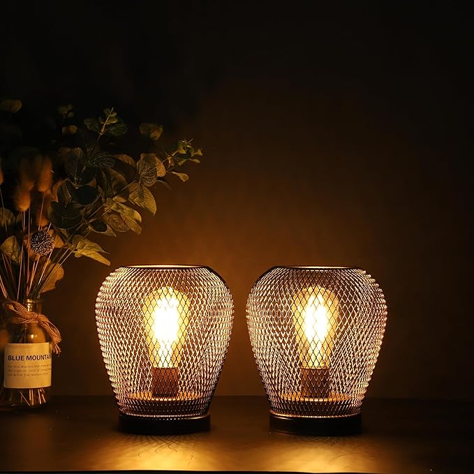 JHY DESIGN Set of 2 Metal Cage LED Lantern Battery Powered Lamp Cordless Accent Light with LED Edsion Style Bulb Great for Weddings Patio Events for Indoors Outdoors（Diamond Shape