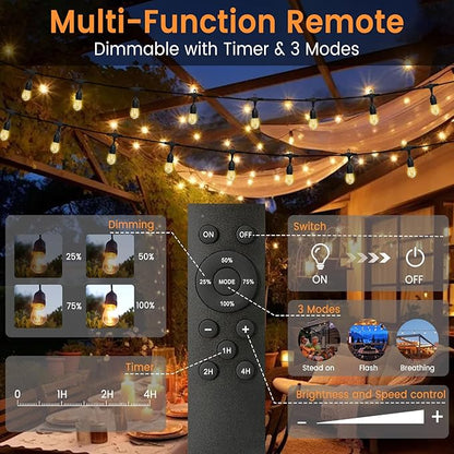 96ft Outdoor String Lights with Remote & Dimmer,48+4 Commercial Grade IP65 Waterproof Bulbs, 2700K Warm White,3 Lighting Modes & Timer,Includes 50 Cable Ties for Patio,Garden, Party（48FT*2）