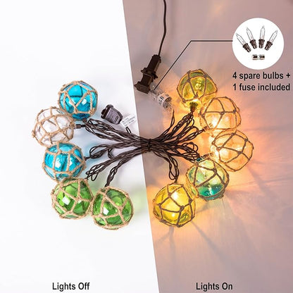 Decorative String Lights Plug in with 10 Incandescent Bulbs, Nautical Fishing Float String Lights Connectable Weatherproof for Indoor Home Tiki Bar Decor and Outdoor Patio Decorations (Three-color)