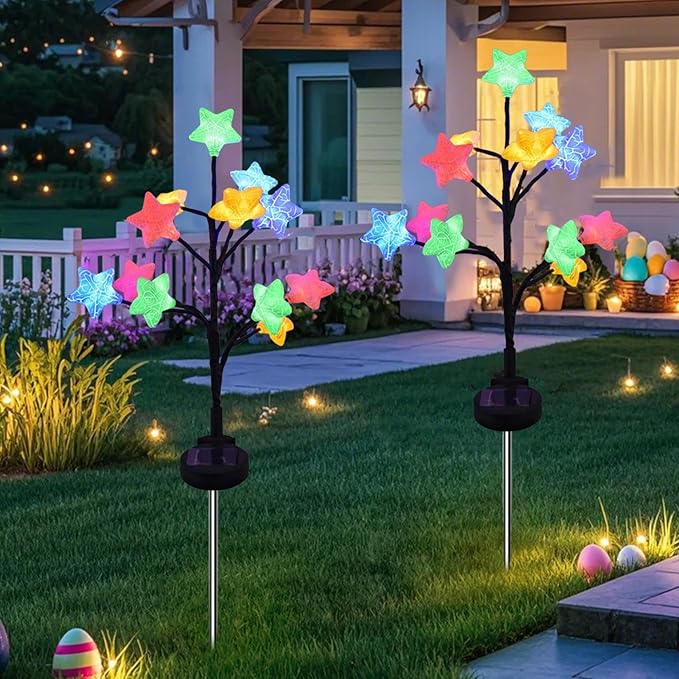 2 Pcs Solar Lights with Star Shape, Solars Garden Light with 2 Lighting Modes, Solar Stake Lights Outdoor Waterproof, Easter Decorations, Decorative Light for Garden Yard Lawn Pathway