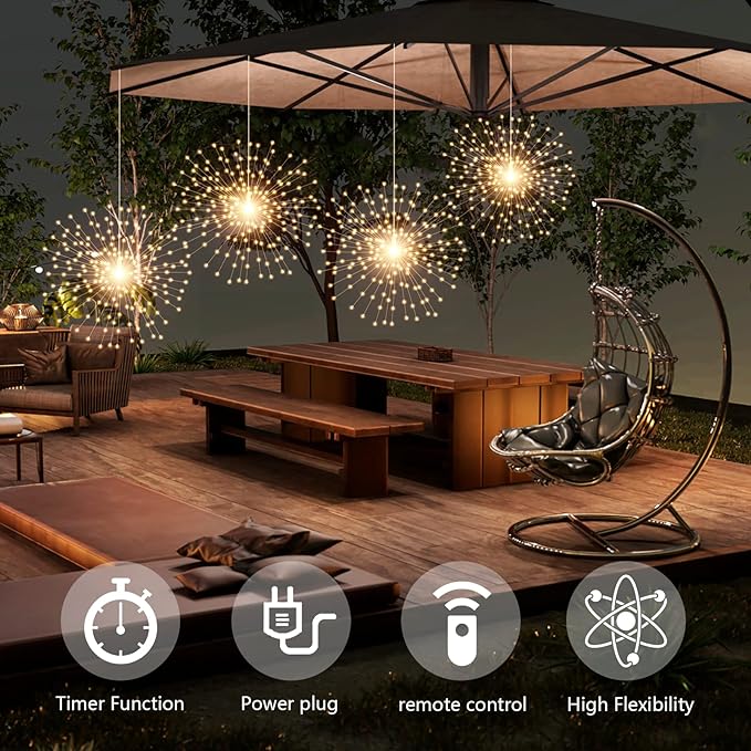 4 Pcs 800 LED Plug-in Starburst Sphere Lights, Firework Light 8 Modes Dimmable Remote Control Waterproof Hanging Fairy Light, Copper Wire Lights for Patio Party Tent Christmas (Warm White)