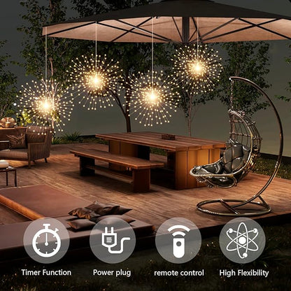 4 Pack 800 LED Plug in Starburst Sphere Lights,Firework Light 8 Modes Dimmable Remote Control,Waterproof Copper Wire Hanging Fairy Lights for Patio Parties Tent Christmas (Warm White)
