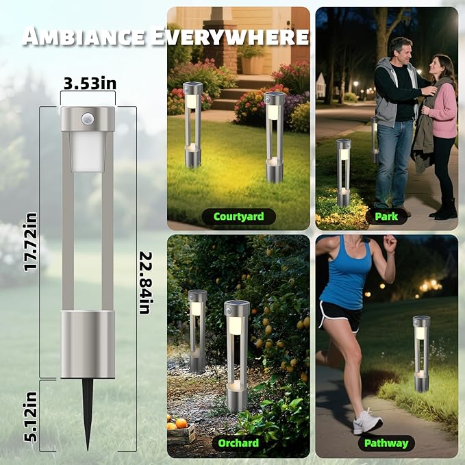 Solar Bollard Lights Outdoor Stainless Steel Pathlight Security Light Motion-Sensor Security Light Metal 2Pack