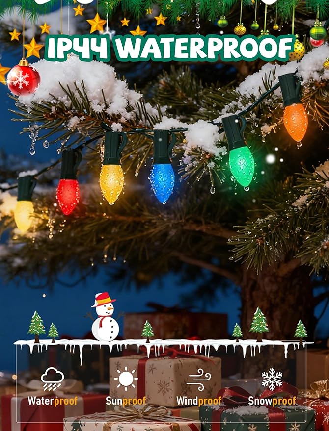 50Ft LED Christmas Outdoor String Lights, C7 String Lights with 27 0.6W Ceramic Multicolor Bulbs, Vintage Christmas Lights for Holiday Party Backyard Wedding Garden Patio Porch Decor