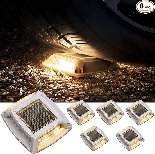 Solar Driveway Lights 6 Pack, Solar Powered IP68 Waterproof Dock Lights, 4 LED Driveway Markers Deck Light for Dock, Pathway, Walkway, Sidewalk, Garden, Yard, Stair, Marine Use (Warm)
