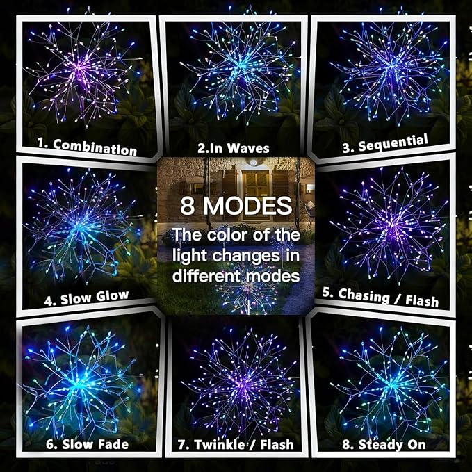 210 LED Solar Firework Lights, 8 Modes Solar Garden Lights Outdoor Waterproof Decorative, Multicolor Fairy Light for Yard, Patio, Pathway Walkway Party Wedding Christmas Decor