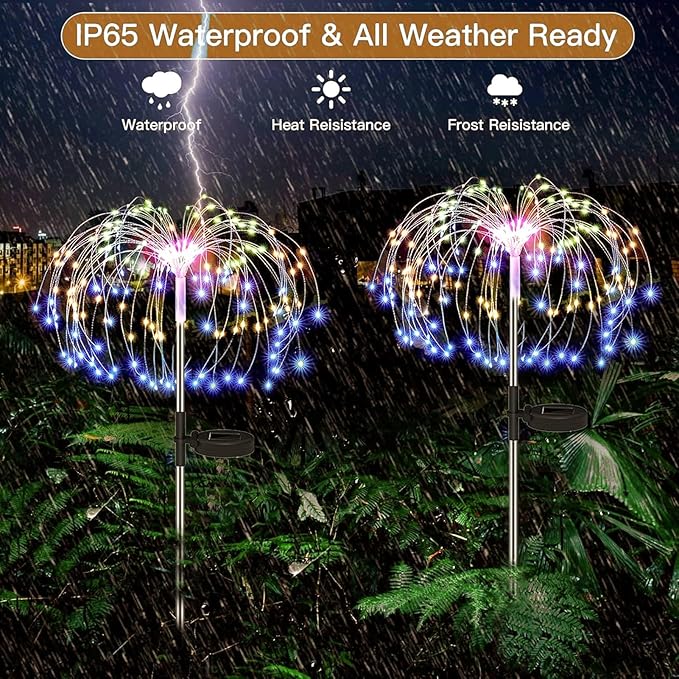 Redefun Solar Fireworks Lights for Outside 2 Pack 120 LEDs Solar Garden Decor, 8 Modes Sparkler Light Waterproof Starlit Starburst Lights for Yard Flower Bed Lawn Pathway Decorations - Multicolor