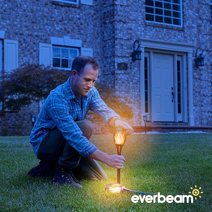 Everbeam P2 Solar Flickering Flame Torch Light - Automatic IP65 Waterproof Solar Tiki Lights with A Stunning Realistic Flame & Distinctive Lampshade - Quick No Tool Installation - 1 Pack