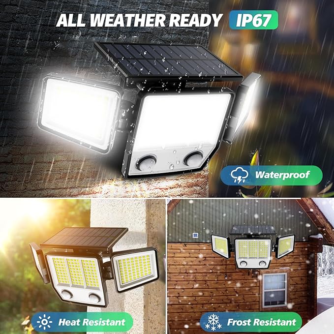 6500K Solar Outdoor Lights,3000LM 304 LED Motion Sensor Outdoor Lights, 3 Heads Security Light,IP67 Waterproof, 270°Flood Wall Light with 3 Modes for Backyard Yard,2 Pack