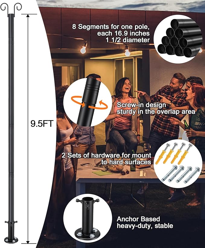 9.5FT String Light Poles - 2 Pack Deck Light Poles for Outside String Lights Heavy Duty with Anchor Based and | Lumora