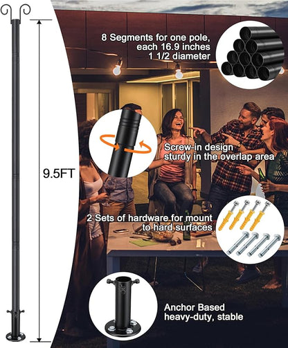 9.5FT String Light Poles - 2 Pack Deck Light Poles for Outside String Lights Heavy Duty with Anchor Based and Bracket - Waterproof Outdoor Patio Light Poles for Wedding, Party