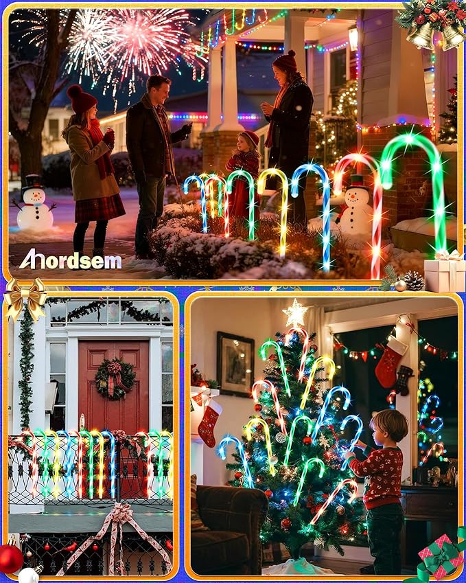Anordsem Solar Christmas Decorations Outdoor: 21" Candy Cane Stake Lights 24 Pack - Waterproof LED 8 Colorful Lighting Models for Yard Pathway Xmas Tree Decor - 2026 New Year Gifts for Homeowners