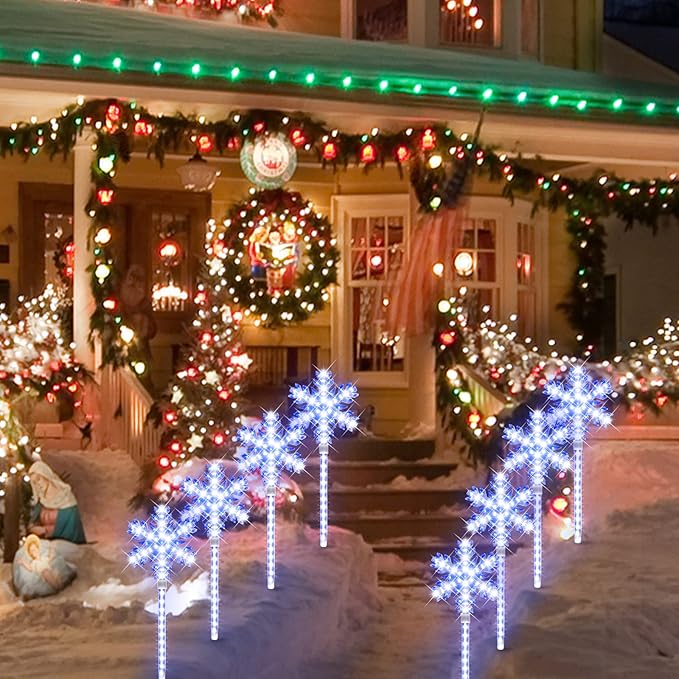 LAMPHOME Shooting 17" 568LED Snowflake Lawn Stake Light Super-Bright White and Blue 4 Stakes Total Christmas Outdoor Decoration with UL Standard Adaptor for Outdoor Pathway Lawn Holiday Party Home