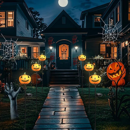 Bshine Solar Garden Lights Pumpkin Halloween Decorations, Outdoor Hand Blown Glass Pumpkin Metal Stakes Waterproof Garden Decor Patio Path Decorative Lights for Halloween Party, Fall Festivals, 2 Pack