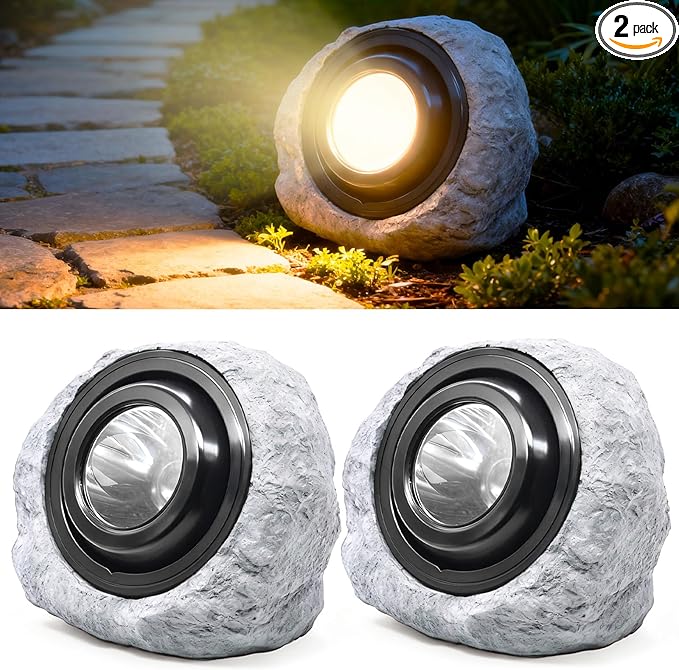 Solar Powered Rock Lights Outdoor- 2 Pack Super Bright Solar Spot Garden with 2 Lighting Modes, IP65 Waterproof Outdoor Decorative for Garden,Backyard, Roads, Yard, Patio Landscape,Sidewalks