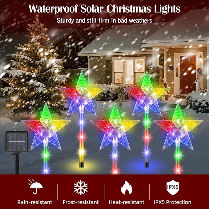 Luxspire Christmas Pathway Lights Outdoor, 5 Pack Solar Walkway Light Waterproof & Auto On/Off, Outdoor Christmas Decorations for Holiday Garden Patio Lawn Yard, Star + Colorful Light
