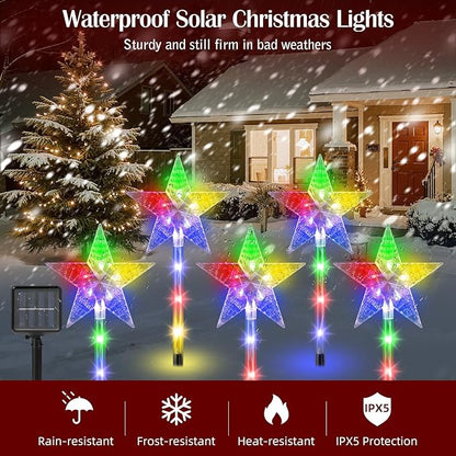 Luxspire Christmas Pathway Lights Outdoor, 5 Pack Solar Walkway Light Waterproof & Auto On/Off, Outdoor Christmas Decorations for Holiday Garden Patio Lawn Yard, Star + Colorful Light