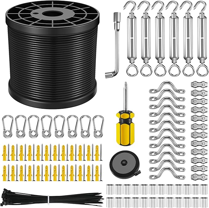 NEREUS String Light Hanging Kit with 250 Ft Vinyl Coated 304 Stainless Steel Cable, String Light Suspension Kit, Guide Wire with Turnbuckles and Hooks for Patio, Backyard Lighting Accessories