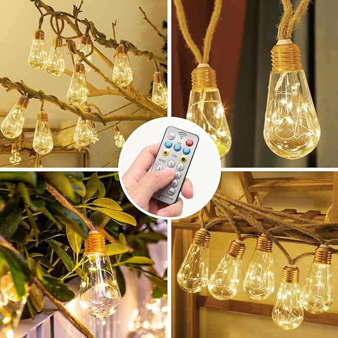Solar String Lights Outdoor,26 Ft Vintage Rope Hemp Solar Patio Lights with 8Modes and Remote Control,LED Patio Lights with 16 Bulbs Waterproof (52FT-2PCS)