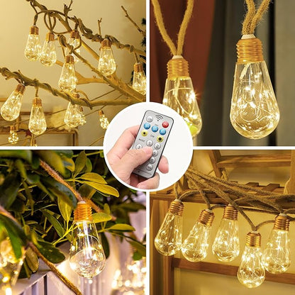 Solar String Lights Outdoor,26 Ft Vintage Rope Hemp Solar Patio Lights with 8Modes and Remote Control,LED Patio Lights with 16 Bulbs Waterproof (52FT-2PCS)