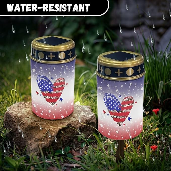 American Flag Heart Garden Solar Outdoor Lights Eternal Light Lawn Lamp Waterproof Solar for Outside Cemetery Garden Decorations Yard Lawn Pathway Figurines
