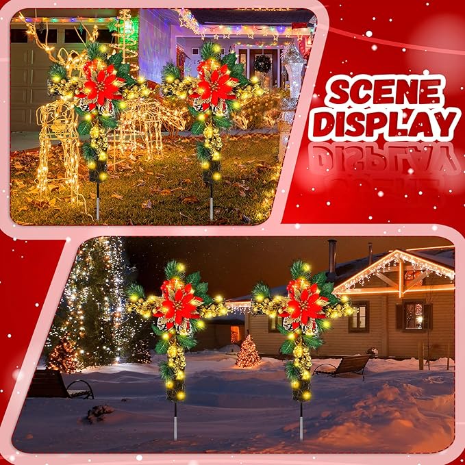 Ganeen 2 Pcs Solar Stake Christmas Outdoor Decorations Christmas Yard Stake Decor LED Lights Cemetery Grave Cross | Lumora